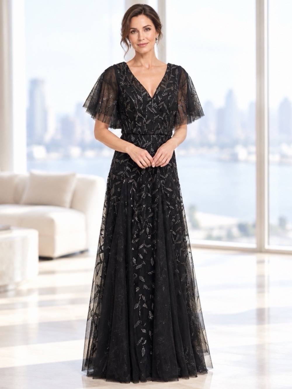 Ever Pretty Black Sequin Embroidered Tulle Formal Maxi Gown Size 8